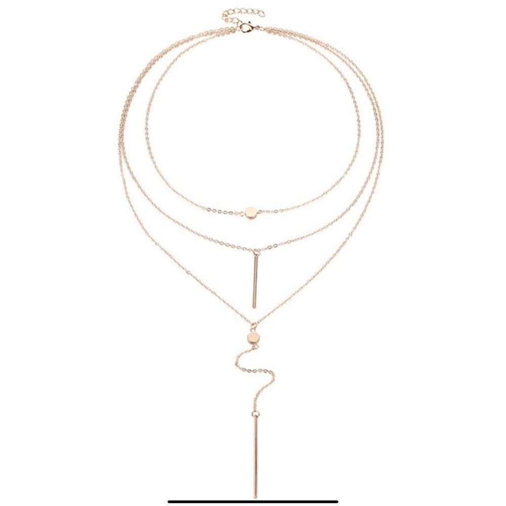 Gold Tone Triple Layered Coin Bar Necklace